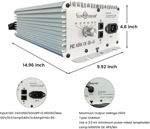 Miniatura 2 de Raylux - Kit de sistema de luz de crecimiento con puerto controlador, 1000 W DE doble extremo HID, reflector de estilo abierto con balasto digital