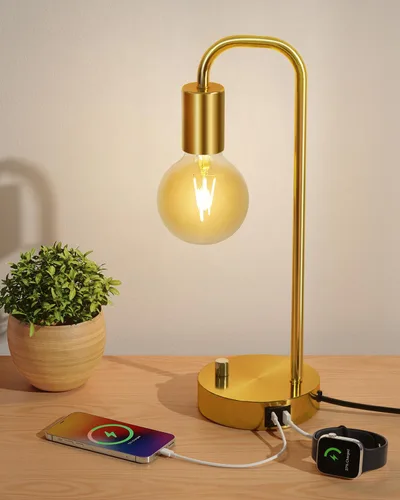 Miniatura 12 de ONEWISH Lámpara de mesa industrial para dormitorio, lámparas de noche modernas totalmente regulables con bombilla de luz cálida de 2700K