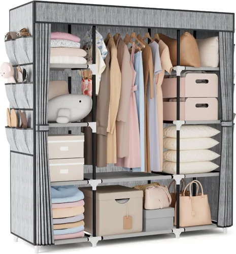 Miniatura 13 de VTRIN Armario Portátil Guardarropa Armario para Colgar Ropa con 4 Estantes de Almacenamiento, 2 Varillas para Colgar y 6 Bolsillos, Perchero Estable