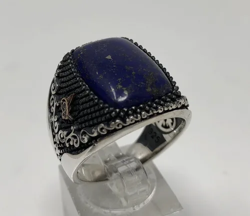Miniatura 6 de KAR Anillo único de plata de ley 925 con piedra de lapislázuli, otomano, para hombre, talla K53B