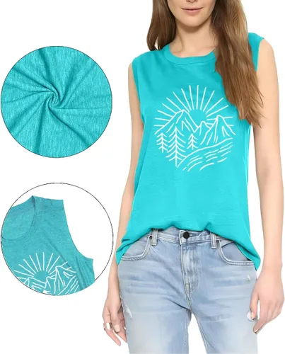 Miniatura 71 de Camisetas sin mangas de senderismo y montaña para mujer, divertidas camisetas de entrenamiento con gráficos de pino y amanecer, camisetas de verano