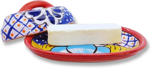 Miniatura 2 de Cuenco para Mantequilla de Cerámica Talavera con Tapa Pintada a Mano, Auténtica Cerámica Mexicana de Cocina, Diseño Floral (Rojo)
