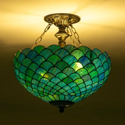 Miniatura 14 de Lámpara de techo Tiffany con vidrieras verdes de glicinia, montaje semi empotrado, lámpara amplia de 16 pulgadas de ancho y 15 pulgadas de altura