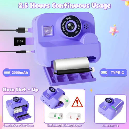 Miniatura 6 de Cámara digital para niños con impresión instantánea - Cámara de video digital HD 1080P para niños pequeños con papel de foto para imprimir, juguete
