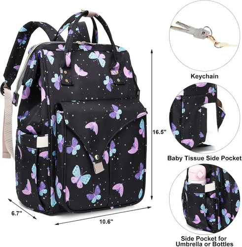 Miniatura 7 de Mochila de pañales de mariposa para bebés, niñas y niños, gran capacidad, multifuncional, impermeable, para maternidad, con correas para cochecito