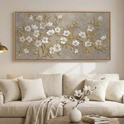Miniatura 12 de Arte de pared botánico vintage con marco grande para sala de estar, impresiones de pintura en lienzo floral rústico neutro, cuadro retro de flores