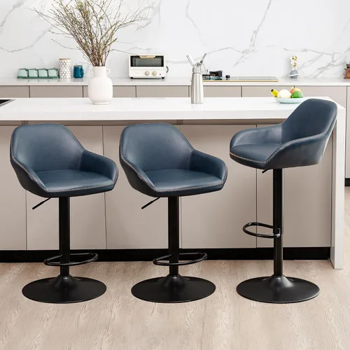 Miniatura 12 de Glitzhome Taburete de bar giratorio, taburetes de bar ajustables con soporte trasero y reposapiés, silla de bar tapizada de piel sintética