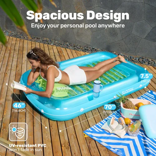 Miniatura 2 de Flotador inflable de bronceado para piscina Sloosh, 70" x 46" flotadores de piscina para adultos con almohada, 4 en 1 balsa de baño de sol flotante