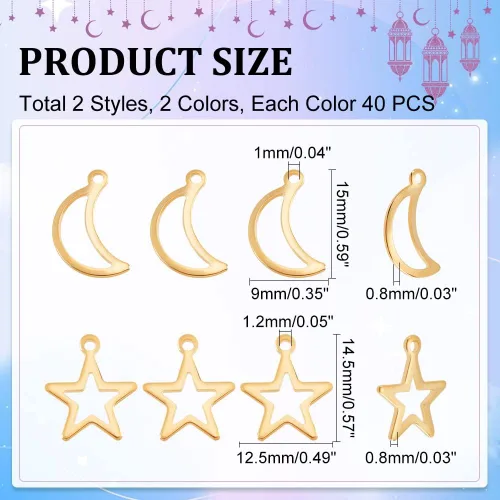 Miniatura 3 de UNICRAFTALE Dijes huecos de estrella y luna, 80 dijes de acero inoxidable, 2 colores, colgante de agujero pequeño, colgantes de metal, dijes planos