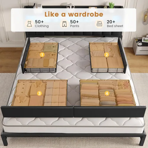 Miniatura 7 de ADORNEVE Base de cama tamaño King con 10 cajones de almacenamiento y cabecera tipo estantería RGB, cama King tapizada en PU con estación de carga