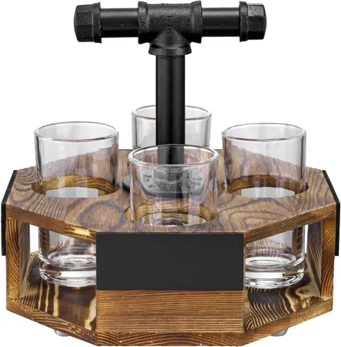 Miniatura 7 de MyGift Juego de servidor de vuelo de cerveza geométrica de madera maciza quemada con mango de tubo de metal industrial rústico, 4 vasos de cerveza