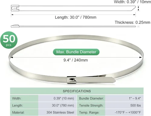 Miniatura 7 de 30-inch Extra Long Metal Zip Ties (50pcs) - Extra Wide Stainless Steel Cable Ties 500lbs Heavy Duty Self-Locking Strap Ties for Industrial &