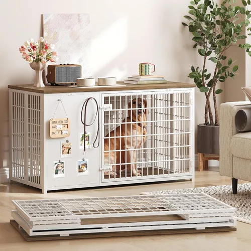 Miniatura 10 de YATINEY Mueble plegable para jaula de perro, jaula para perros de 47.2" con marco DIY, perrera de interior resistente con ganchos, mesa auxiliar