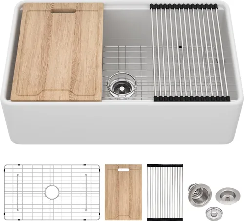 Miniatura 24 de Lordear Fregadero de Cocina Estilo Granja de 36 Pulgadas Blanco de Arcilla Refractaria Porcelana Cerámica Tazón Único Frente de Delantal Fregadero