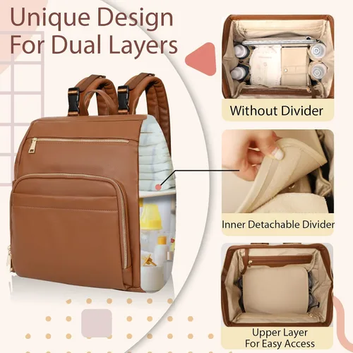Miniatura 2 de Omanmoli Mochila de cuero grande para pañales con 18 bolsillos organizadores, 6 bolsillos aislados, puerto de carga USB, correas para cochecito