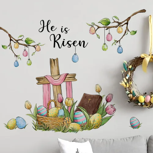Miniatura 5 de Yovkky Calcomanías de pared de Pascua, con frase "He is resucitado", cruz cristiana, decoración de dormitorio, huevos de Cristo religioso, tulipán