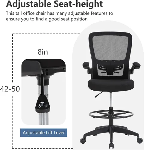 Miniatura 3 de PayLessHere Silla ergonómica de dibujo, silla de oficina alta ajustable con soporte lumbar, respaldo de malla, brazos abatibles para oficina, Negro