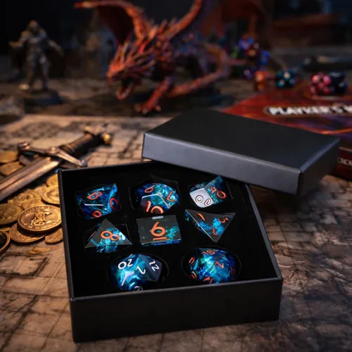 Miniatura 6 de Juego de dados DND de borde afilado de 8 piezas (extra D20) para Calabozos y Dragones – 2 D20 D4 D6 D8 D10 D12 D10% – Dados de resina poliédrica
