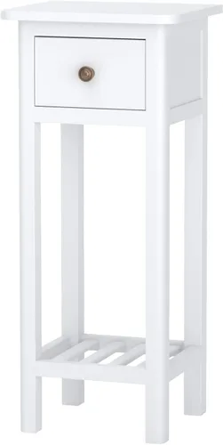 Miniatura 8 de Giantex - Mesa auxiliar alta con cajón y estante, mesa auxiliar estrecha de dos niveles, mesa de noche de madera de acacia para sala de estar, mesa