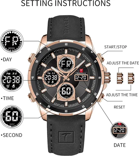 Miniatura 4 de TEARTRACE Watches for Men Luxury Business Waterproof Calendar Leather Strap Digital Chronograph Analog Wristwatch