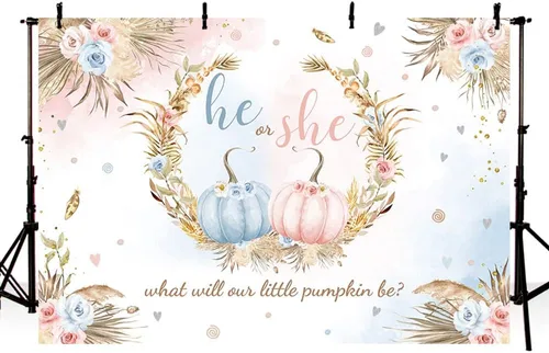 Miniatura 2 de MEHOFOND Fondo de otoño de 7 x 5 pies, diseño de calabaza pequeña para baby shower, decoración de fiesta con texto en inglés "He or she What Will