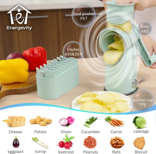 Miniatura 4 de ENERGEVITY Rallador de queso giratorio manual con asa, triturador de queso de cuchillas inoxidables reemplazables 5 en 1, base de succión fuerte