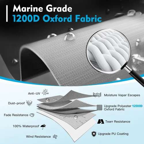Miniatura 2 de Funda Impermeable 1200D para Barco con Cubierta para Motor, Lona Marina Teñida en Solución Cubierta Remolcable para Barco de 16-18.5 pies para Gris