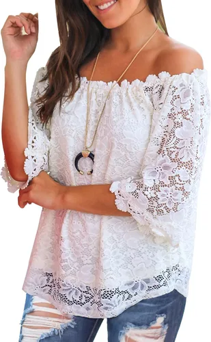 Miniatura 3 de Miholl - Blusa suelta casual, con encaje y hombros descubiertos.