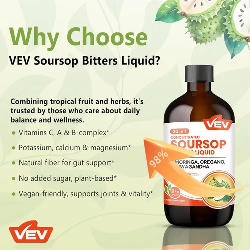 Miniatura 6 de VEV Líquido amargo de guanábana, fórmula sin azúcar con extracto de graviola, 20 en 1, con semilla negra, moringa y orégano, salud digestiva