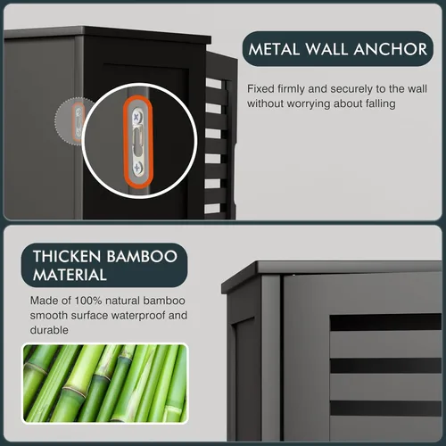 Miniatura 9 de HITNET Gabinete de almacenamiento de baño negro, gabinete de medicina colgante con estante ajustable, organizador de ahorro de espacio de bambú