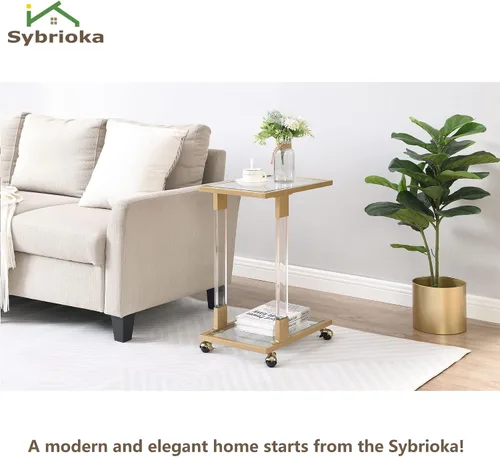 Miniatura 4 de Mesa auxiliar de cristal dorado en forma de C con ruedas móviles, mesa de acrílico para sala de estar, mesa C transparente para dormitorio, muebles