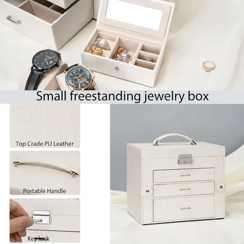 Miniatura 4 de AKOZLIN Joyero de 4 niveles con cerradura de cuero con 3 cajones para mujeres y niñas, anillo collar, aretes, pulsera, relojes, soporte con espejo