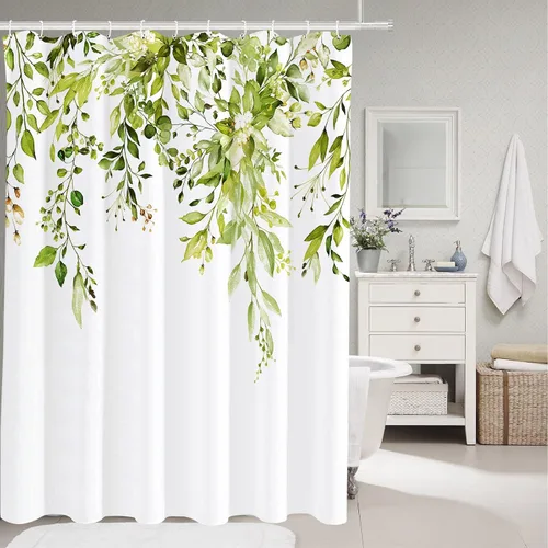 Miniatura 2 de Tititex Fragile Sprout - Juego de cortinas de ducha de eucalipto verde hierba, hojas de acuarela en la parte superior, decoración floral de baño, 72
