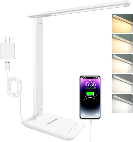 Lámpara de escritorio LED White Crown con cargador inalámbrico de 15W y puerto USB, lámpara de mesa regulable con 5 modos de iluminación, control