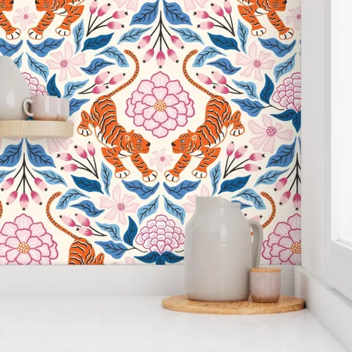 Miniatura 8 de Papel tapiz autoadhesivo para despegar y pegar, Maximalist Tropical Jungle Damasco, exótico, botánico, floral, tigre, rosa, azul, papel tapiz