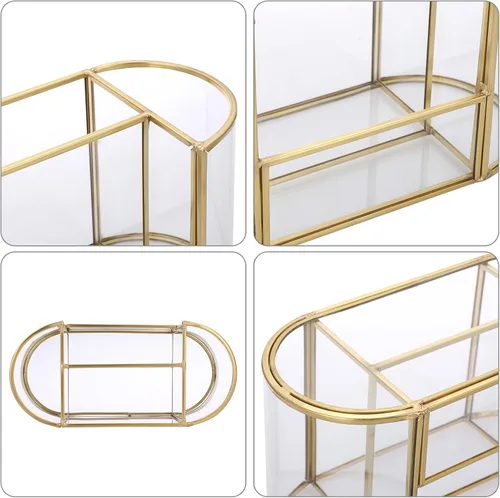 Miniatura 3 de Hipiwe Soporte para brochas de maquillaje dorado, 4 ranuras, organizador de brochas de cosméticos de vidrio, soporte para control remoto, soporte