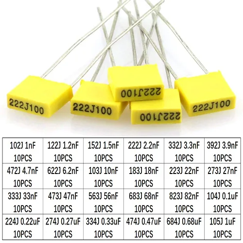 Miniatura 3 de Kit surtido de condensadores de caja de película de 240 piezas, 24 valores de poliéster metalizado 1nF a 1uF 63V-100V