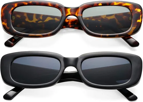 Miniatura 9 de 2 Pack Trendy Rectangle Sunglasses for Women Narrow Square Frame Shade 100% UV Blocking