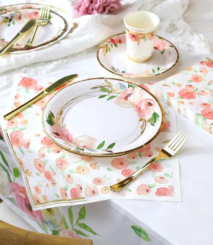 Miniatura 3 de Platos y servilletas de papel florales para fiesta - Sirve para 16 - Platos florales Tazas florales Cuchillos Tenedores Decoraciones de baby shower