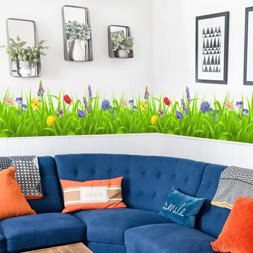 Miniatura 6 de Pegatinas de pared de plantas verdes frescas, calcomanías de zócalo, hojas verdes, flores coloridas, calcomanías de pared DIY Murales extraíbles