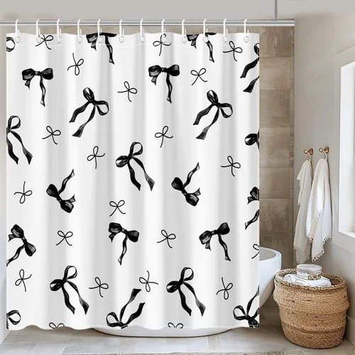 Miniatura 2 de Cortina de ducha con lazo negro, bonito lazo coqueto, cortinas de ducha en blanco y negro para niñas, cortina de baño de tela de poliéster