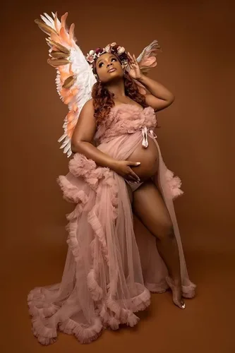 Miniatura 3 de UZN Vestidos de maternidad de tul con hombros descubiertos para sesión de fotos, batas largas hinchadas, vestido de embarazo transparente para baby