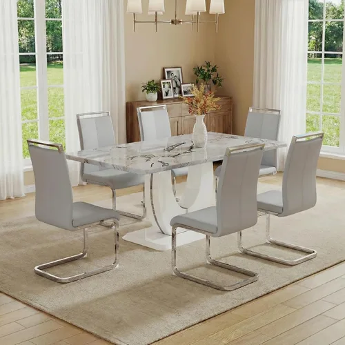 Miniatura 18 de Juego de 6 sillas de mesa de comedor para 6, juego de 6, moderno juego de comedor con mesa de comedor de mármol de 63 pulgadas, sillas tapizadas