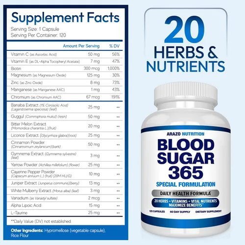 Miniatura 2 de BioScience Nutrition Suplemento de apoyo del azúcar en la sangre, de 20 hierbas y miltivitaminas con alfalipoico y canela