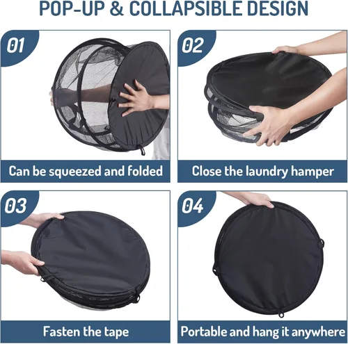 Miniatura 6 de 2 cestas de malla desplegable para ropa sucia, 115 L, extra grande, plegable, cesta de almacenamiento de ropa, con asas, sin tapa, 26 pulgadas