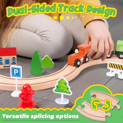 Miniatura 5 de Juego de tren de madera de 61 piezas para niños pequeños de 3 a 8 años, pista de tren expandible de doble cara con rompecabezas y juguetes de pesca