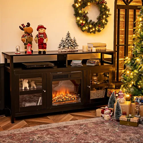 Miniatura 5 de Tangkula Soporte de TV de granja para televisores de hasta 65 pulgadas, mesa consola de TV de madera con 2 gabinetes y 4 estantes, muebles de sala