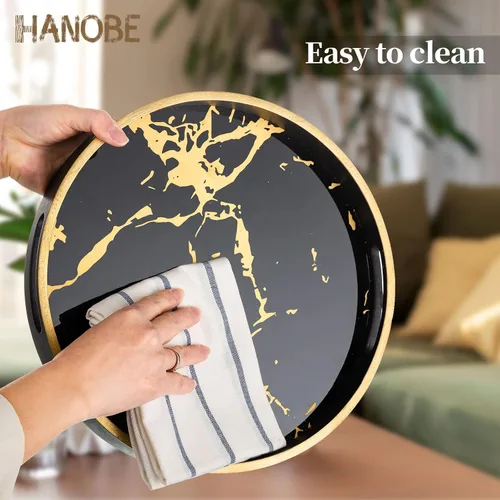 Miniatura 6 de Hanobe Bandeja redonda decorativa para café: Bandeja circular de mármol negro con asas, bandejas de mesa para sala de estar, bebida, fiesta, hogar