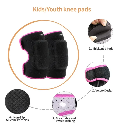 Miniatura 5 de Juego de rodilleras ajustables para niños y jóvenes con almohadillas gruesas SBR para montar, patinar, patinar, snowboard, voleibol (negro y rosa)