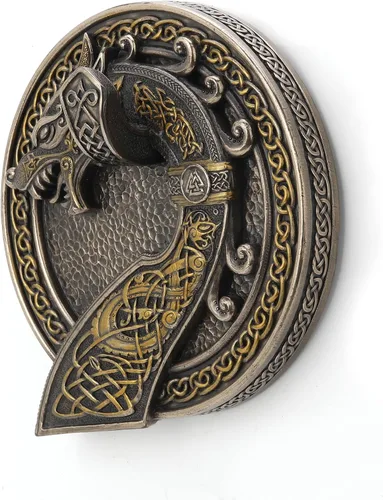 Miniatura 3 de Veronese Design Sigur Slaying Fafnir Viking Horn with Dragon Wall Mount – Placa de pared con acabado de bronce antiguo